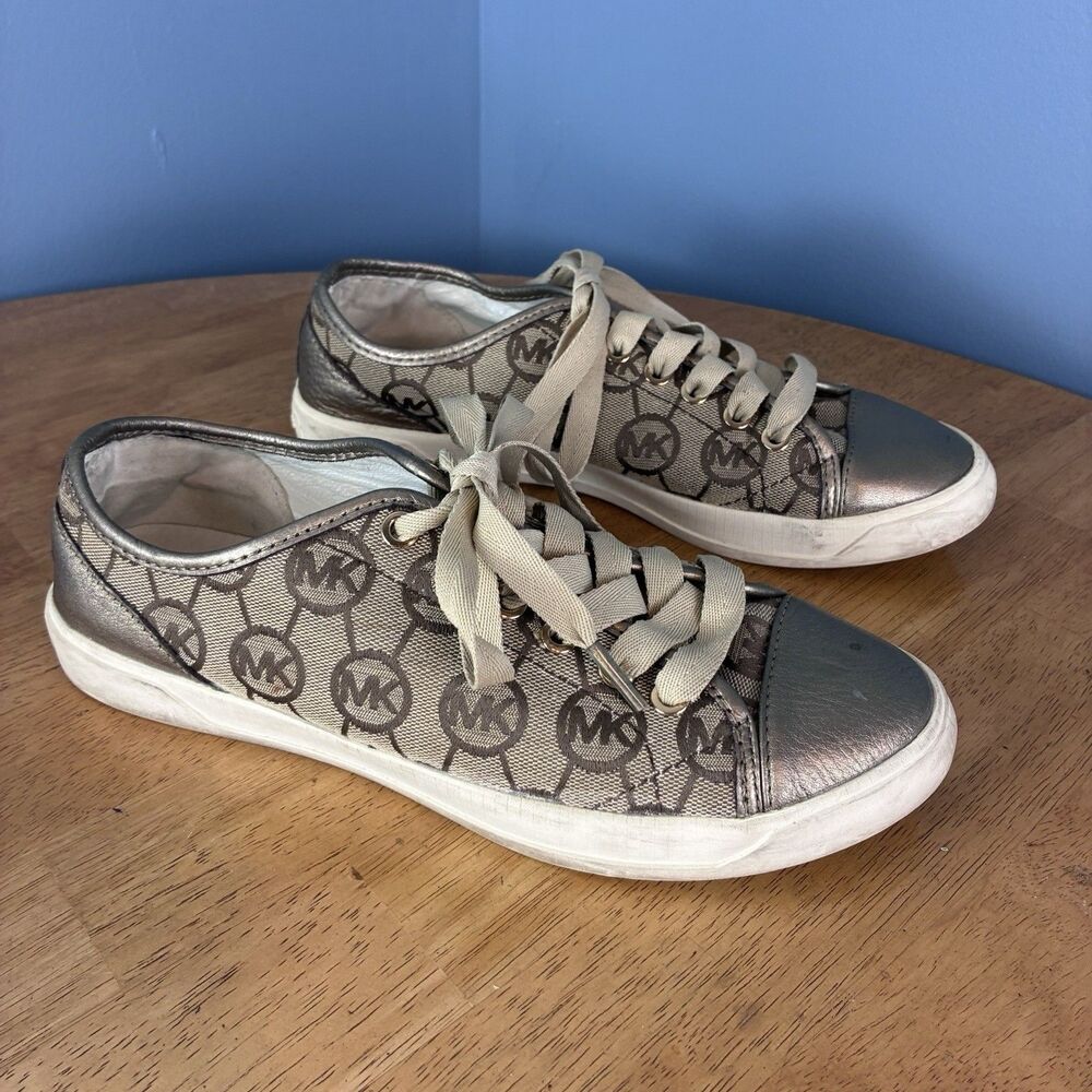 Michael Kors MK Logo Gold Tan Canvas Leather Cap Toe City Sneaker Size 8.5